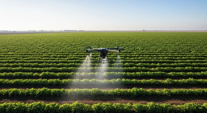 Agricultural drone spraying crops in a vast green field, showcasing precision farming technology for efficient growth and pest control.