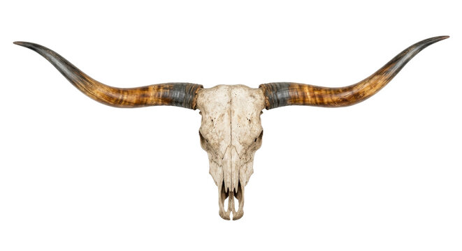 A weathered texas longhorn steer skull with large curved horns centered against a clean white background in a minimalist studio shot.