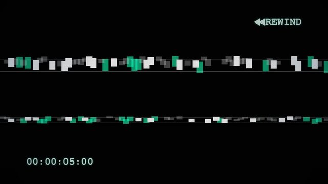 old damaged VHS tape playing rewind screen with glitch noise and timecode