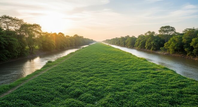 Environmental industrial pollution impacting a serene river landscape with lush green banks and a hazy sky at sunrise.