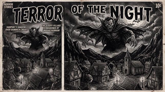 vintage comic book style horror cover illustration of a vampire looming over a sleepy village in monochrome black and white