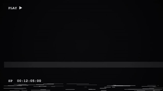 old damaged VHS tape playing video playback screen with static and timecode