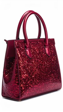 A vibrant red glitter handbag with twin top handles and a structured shape