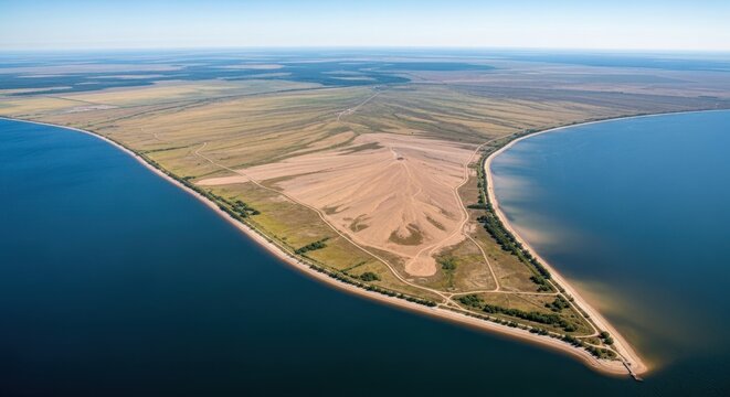 Expansive aerial view of a sediment rich delta meeting the vast blue water body under a clear sky