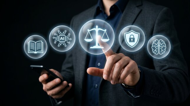 Businessman's finger touches a digital interface displaying icons of justice AI book shield and brain symbolizing legal technology and artificial intelligence law concept