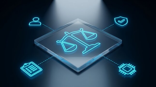 A digital illustration depicts the concept of justice and law through glowing blue neon icons connected to a central glass square displaying balanced scales legal court crime