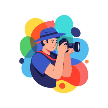 Photographer with Camera Capturing Moments in Vibrant Abstract Background