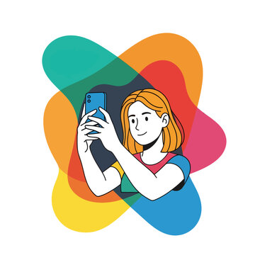 Young Woman Taking Selfie With Smartphone on Colorful Abstract Background