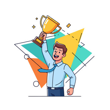 Happy Businessman Holding Golden Trophy Cup Celebrating Success Vector