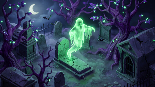 a spooky isometric graveyard scene with a glowing green ghost rising from a tombstone under a crescent moon with purple trees