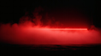 Obraz premium A bright horizontal red laser beam shines through a thick layer of dense red smoke against a dark background