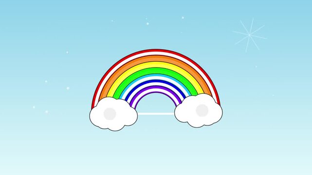 Colorful rainbow illustration with fluffy white clouds against a bright blue sky background