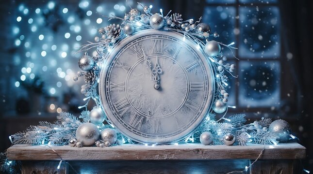 New Year's Eve Countdown: A vintage clock, adorned with festive holiday decorations and shimmering lights, marks the final moments of the year, signaling the imminent arrival of the new.