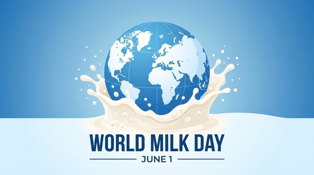 World Milk Day June 1 celebration banner, planet Earth splashing in fresh white milk, global dairy industry concept with blue background