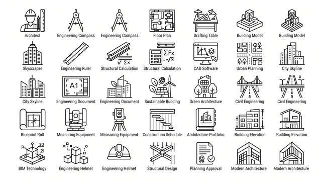 Architecture and engineering icon set featuring professional construction, drafting tools, urban planning designs, and structural building elements