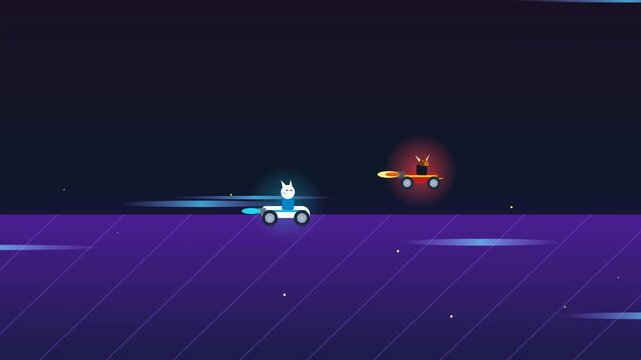 2D animation of a fierce go kart race in space featuring cute animal characters using speed boosts and glowing shields on a neon track