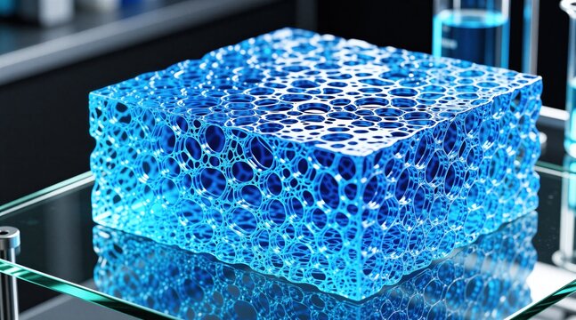 Blue aerogel block features complex porous cellular structure on glass surface in lab setting. Light refractive material exhibits transparent finish, geometric pattern. Scientific innovation