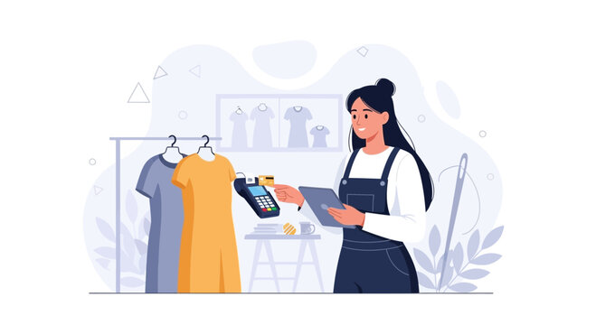 Fashion boutique owner processing contactless payment with tablet and card reader, modern retail.