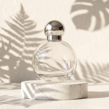 Luxury round perfume bottle mockup with botanical lighting