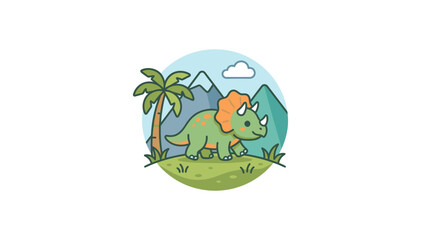 Cartoon triceratops dinosaur in prehistoric landscape sticker. © jasin