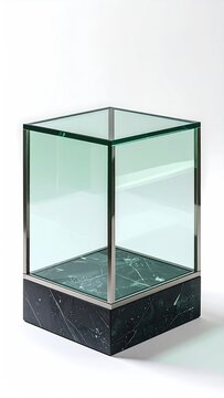 Elegant glass display cube with metallic frame on marbled base