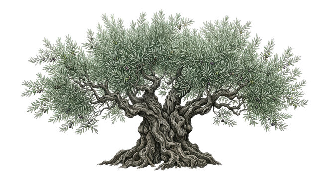An ancient, gnarled olive tree with lush green foliage and dark olives stands majestically against a clean white background, symbolizing nature's resilience and timeless beauty.