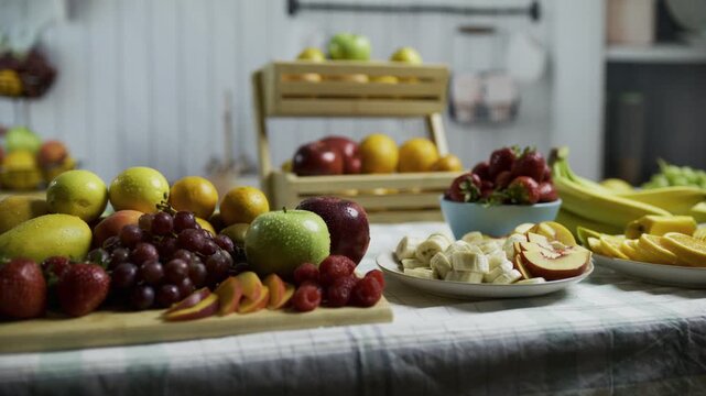 Colorful, lush fruit scattered across kitchen counter - tracking shot