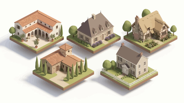 Collection of diverse residential homes showcasing different architectural styles and landscaping designs in an isometric view