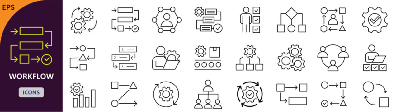 Workflow icon set. Containing process, task, automation, pipeline, diagram, sequence, chart, and more. Editable stroke. Vector illustration
