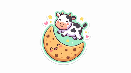Naklejka premium Happy Cartoon Cow Sitting on Crescent Moon Illustration