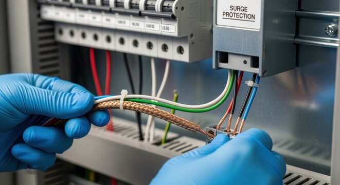 Closeup of control wires fastened inside breaker panel while installing a wholehouse electrical surge protection system.