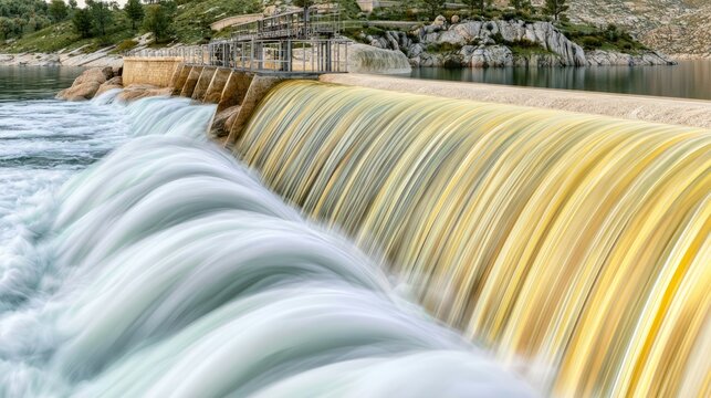 Broad Concrete Weir with Overflowing Water Feature in Serene Landscape Setting