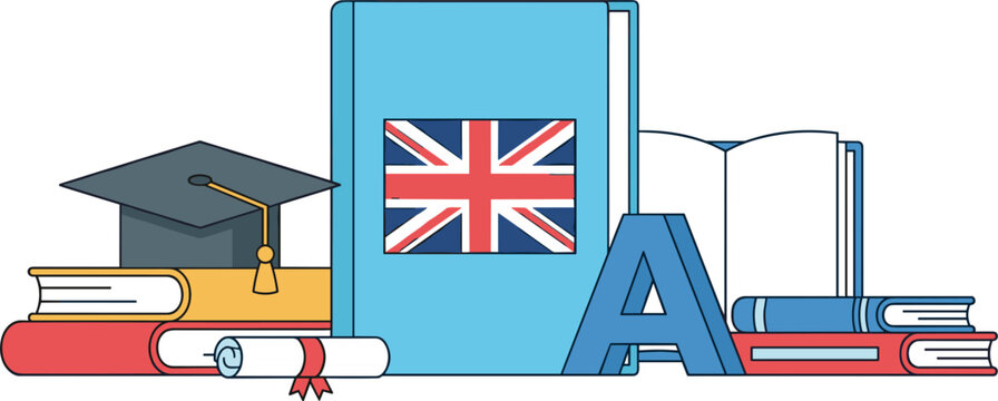English Language Learning Vector Illustration Set Featuring UK Flag Textbook, Graduation Cap, Stacked Books, Letter A, and Diploma Scroll for Educational Branding