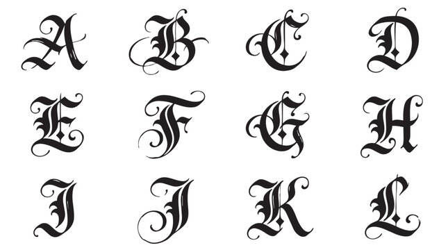 Alphabet letter collection in vintage gothic calligraphy style with alphabet typography calligraphy