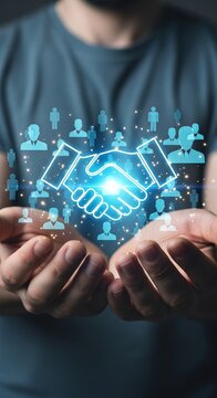 Digital handshake concept - Man presenting virtual partnership and collaboration.