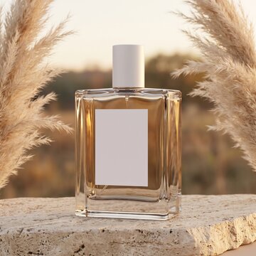 Luxury perfume bottle mockup on natural travertine stone