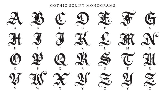 Gothic script monogram alphabet letters collection with alphabet calligraphy typography monogram lettering