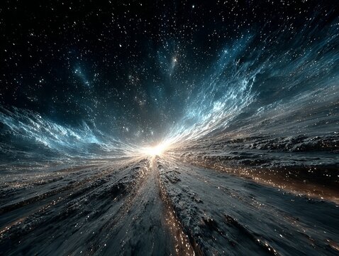 Cosmic Horizon - A breathtaking view of a distant, otherworldly landscape.