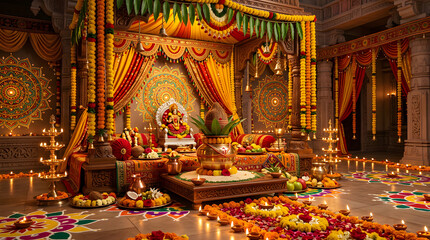 Fototapeta premium Ornate temple altar decorated with fresh floral garlands.