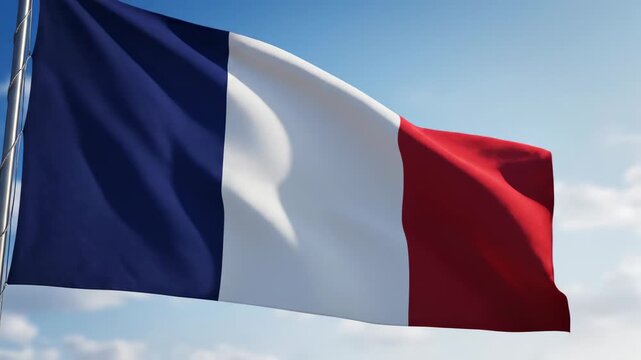 French flag waving on flagpole against blue sky
