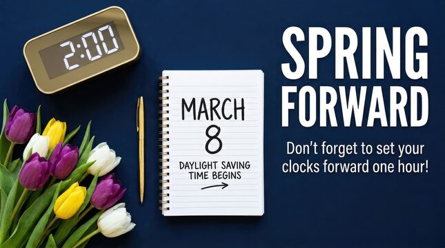 Spring Forward Daylight Saving Time clock change reminder. Floral March calendar event with tulips and motivational quote for productivity.
