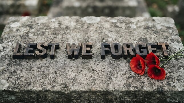A weathered stone memorial plaque inscribed with the words lest we forget decorated with red poppy flowers