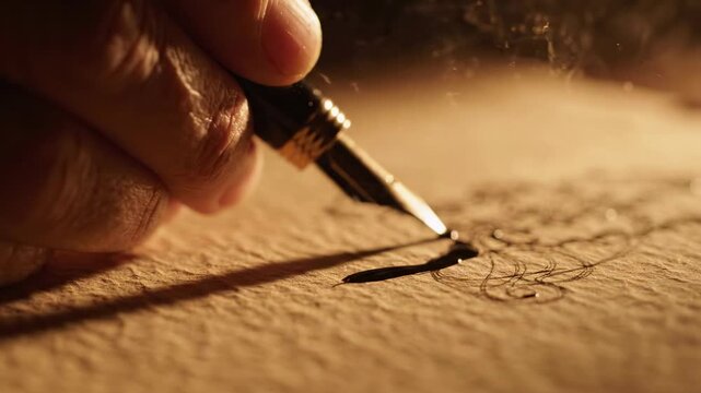 Hand writing with fountain pen on parchment