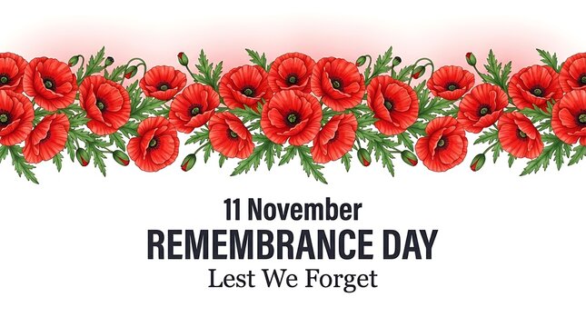 Remembrance day background with a horizontal garland of red poppy flowers and lest we forget text