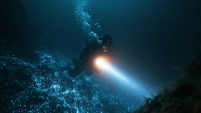 Scuba diver with flashlight exploring ocean depths in dark waters with bubbles and light beam on ocean floor