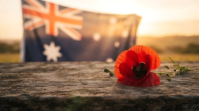 Red remembrance poppy flower resting on a stone surface with an australian flag in the background at sunset