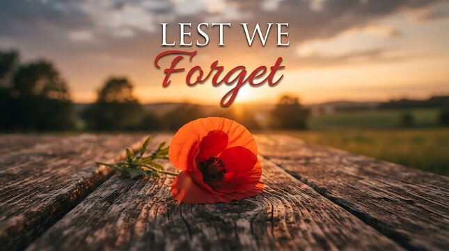 Remembrance day concept with a red poppy flower on a rustic wooden table at sunset background