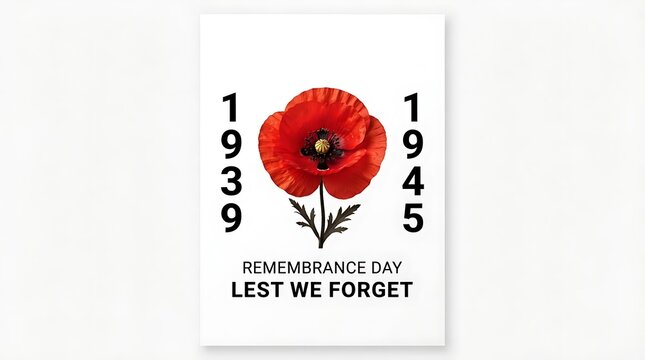 Remembrance day poster featuring a red poppy flower with the years 1939 to 1945 and lest we forget