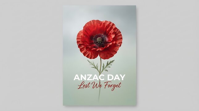 A single red poppy flower with anzac day lest we forget text on a soft grey background