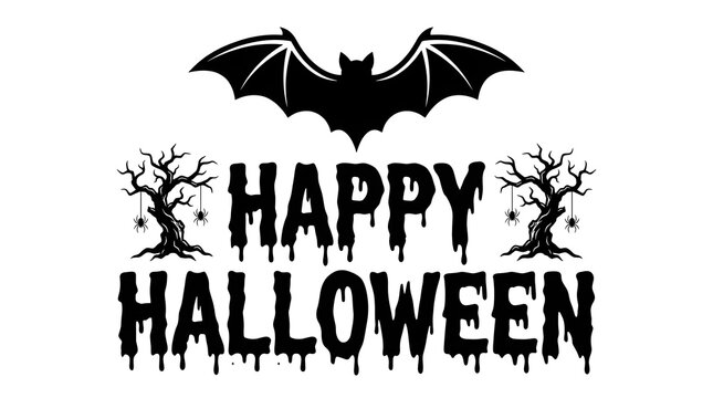 Happy halloween text with bat and spooky trees isolated on white background